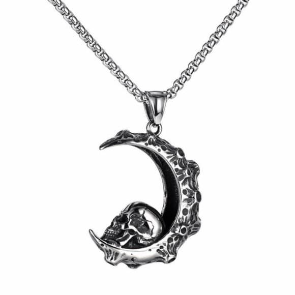 “Skull on the Moon” Regolith Lunar Crater Crescent Celestial Goth Steel Necklace - Picture 5 of 16
